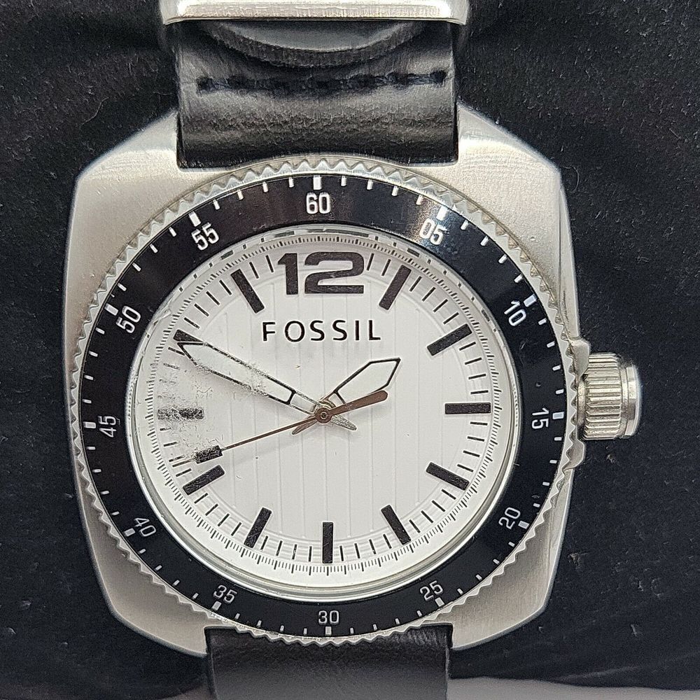 FOSSIL WB1041 Men's Black Leather Analog White Dial Quartz Genuine Watch BC292